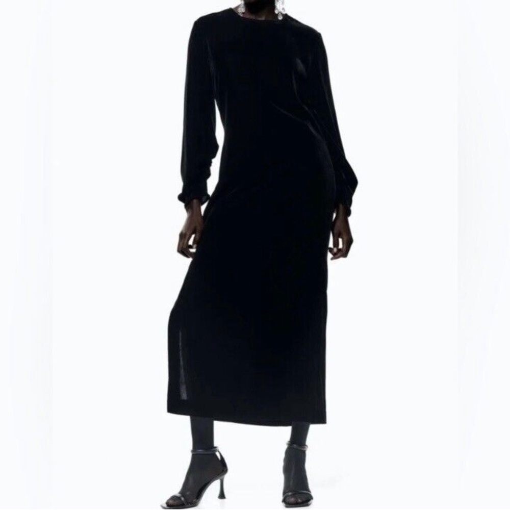 Zara - Black Velvet Long-Sleeve Midi Dress with Leg Slit